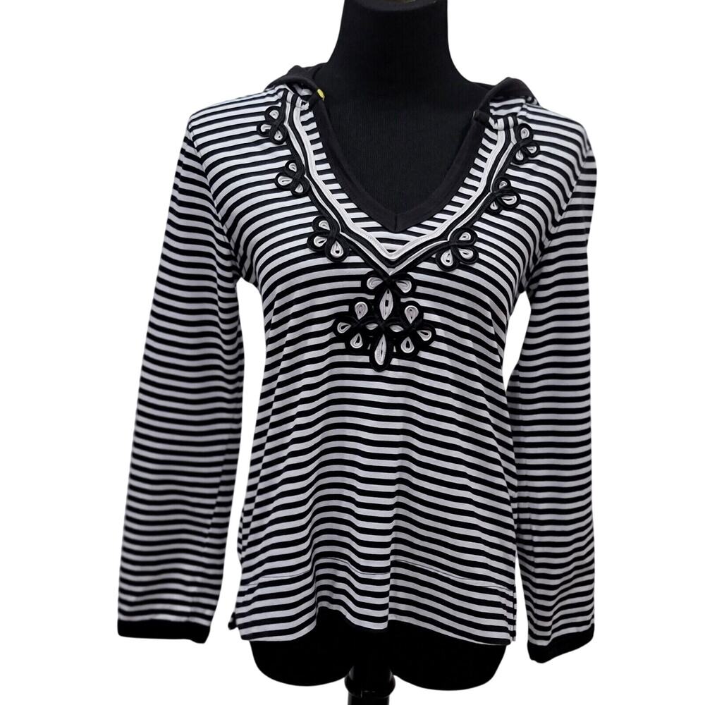 Cappagallo Petite Medium Y2K Janice Striped Tunic Top Black Hooded Embroidery